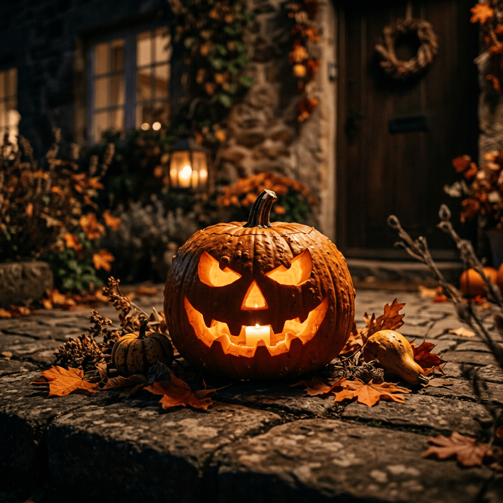 Glowing carved jack-o'-lantern on an autumn-decorated front porch